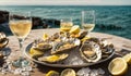 Fresh oysters ice lemon plate, delicatessen of champagne on a background luxury restaurant of the sea Royalty Free Stock Photo