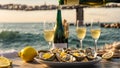 Fresh oysters ice lemon plate, glasses of champagne on a background luxury restaurant of the sea Royalty Free Stock Photo