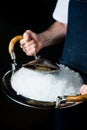 Fresh oysters on ice on a silver platter