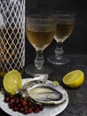 Fresh oysters in ice with wine or champagne bottle, lemon, cranberries. Food background