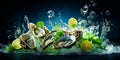 Fresh oysters with lemon and greenery in splashes of water in the air isolated on blue background