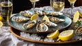 Fresh oysters, lemon, ice eating delicatessen restaurant raw edible luxury appetizer shellfish