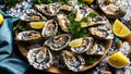 Fresh oysters, lemon, ice eating delicatessen superfood raw edible luxury appetizer shellfish