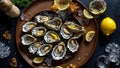 Fresh oysters, lemon, ice on old background mollusk edible