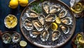 Fresh oysters, lemon, ice on old background mollusk edible luxury appetizer