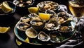 Fresh oysters, lemon, ice on old background food edible luxury appetizer shellfish