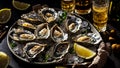 Fresh oysters, lemon, ice eating old background food edible luxury appetizer shellfish