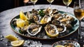 Fresh oysters, lemon, ice on old background mollusk edible luxury appetizer shellfish