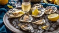 Fresh oysters, lemon, ice on old background mollusk edible luxury