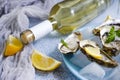 Fresh oysters, lemon white wine Royalty Free Stock Photo