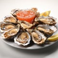 Fresh oysters seafood served with shell and lemon vinegar sauce on a white background