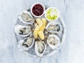 Fresh oysters served on the plate with ice