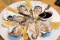 Fresh oysters in a white plate with ice and lemon Royalty Free Stock Photo