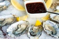 Fresh oysters in a white plate with ice and lemon Royalty Free Stock Photo