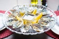 Fresh oysters in a white plate with ice and lemon Royalty Free Stock Photo