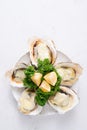 Fresh oysters in a white plate with ice and lemon on a wooden de Royalty Free Stock Photo