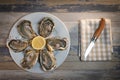Fresh oysters white plate and lemon on wooden desk Royalty Free Stock Photo