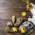 Fresh oysters on a wooden table.