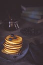 Fresh Pancakes with Organic Maple Syrup and Berries on Dark Background Royalty Free Stock Photo