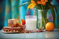 fresh panettone with a glass of milk, breakfast scene Royalty Free Stock Photo