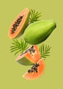 Fresh papaya fruits and leaves falling on light green background Royalty Free Stock Photo