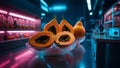 Fresh papayas displayed in a modern kitchen with neon lighting during an evening preparation session Generative AI Royalty Free Stock Photo