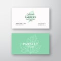 Fresh Parsley Abstract Vector Sign or Logo and Business Card Template. Green Parsley Branch with Leaves Sketch
