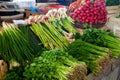 Fresh parsley, garlic, onion, radish are sold at the Chorsu bazaar in Tashkent