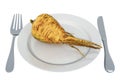 Fresh parsnip on plate with fork and knife, 3D rendering Royalty Free Stock Photo