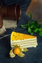 Fresh passion fruit cake. Dessert on plate. The restaurant or cafe atmosphere Royalty Free Stock Photo