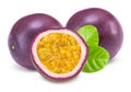 fresh passion fruit with green leaves isolated on white background. exotic fruit. clipping path Royalty Free Stock Photo