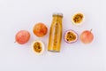 Fresh passion fruit and juice in the bottle for healthy and refresh. Royalty Free Stock Photo