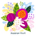 Fresh passion fruit tropical fruits juice splash organic food ripe juicy yogurt splatter on abstract background.