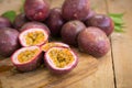 Fresh passion fruits on a wooden background