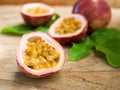 Fresh passionfruit cut in half.