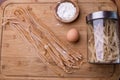 Fresh pasta with components to do it : wholemeal flour and egg o