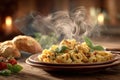 Fresh Pasta Dish with Basil Garnish and Bread in Rustic Setting Royalty Free Stock Photo