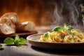 Fresh Pasta Dish with Basil Garnish and Bread in Rustic Setting Royalty Free Stock Photo