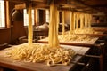 Fresh pasta drying on equipment. Generative AI