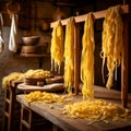 Fresh pasta drying. Fresh Homemade Pasta Drying on Wooden Racks in Rustic Kitchen. Egg Pasta Hanging to Dry in a Traditional