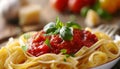Fresh pasta meal with tomato sauce, healthy vegetarian lunch Royalty Free Stock Photo