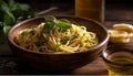 Fresh pasta meal on wooden table, healthy homemade Italian cuisine generated by AI Royalty Free Stock Photo