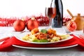 Fresh pasta with pork rind, tomato and basil Royalty Free Stock Photo