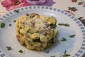 Fresh pasta with sausage and zucchini Royalty Free Stock Photo