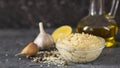 Fresh pasta tahini from sesame seeds with olive oil and lemon juice on a black wooden table. Royalty Free Stock Photo