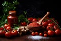 Tomato paste in a wooden bowl among tomatoes on a wooden table. Royalty Free Stock Photo
