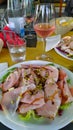 Fresh Pastrami and Pistachio Salad with Rose Wine, Parma Italy