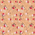 Fresh pastries and bunches of flowers on beige background. Seamless vector pattern