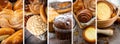 Fresh pastries buns wicker basket rustic style bakery collage