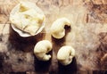 Fresh pastry dough on rustic wooden background